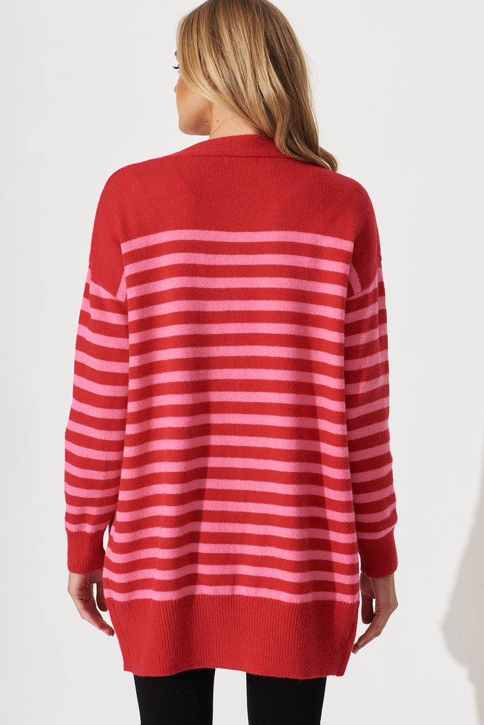 Jarvis Knit Cardigan In Red With Pink Stripe Wool Blend - back