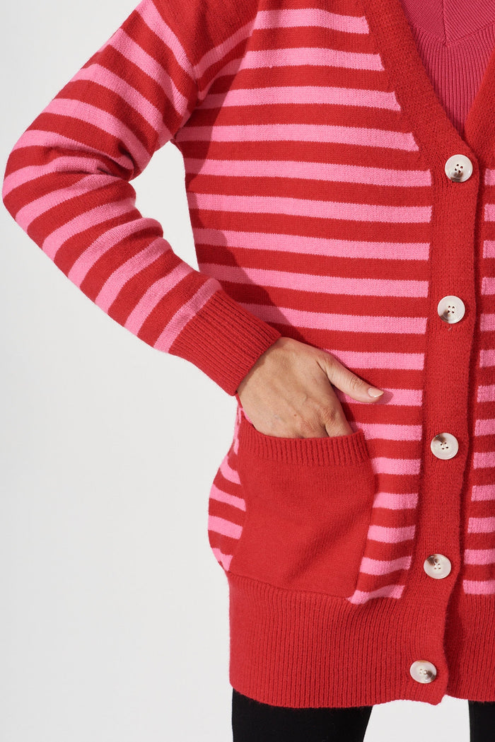 Jarvis Knit Cardigan In Red With Pink Stripe Wool Blend - detail
