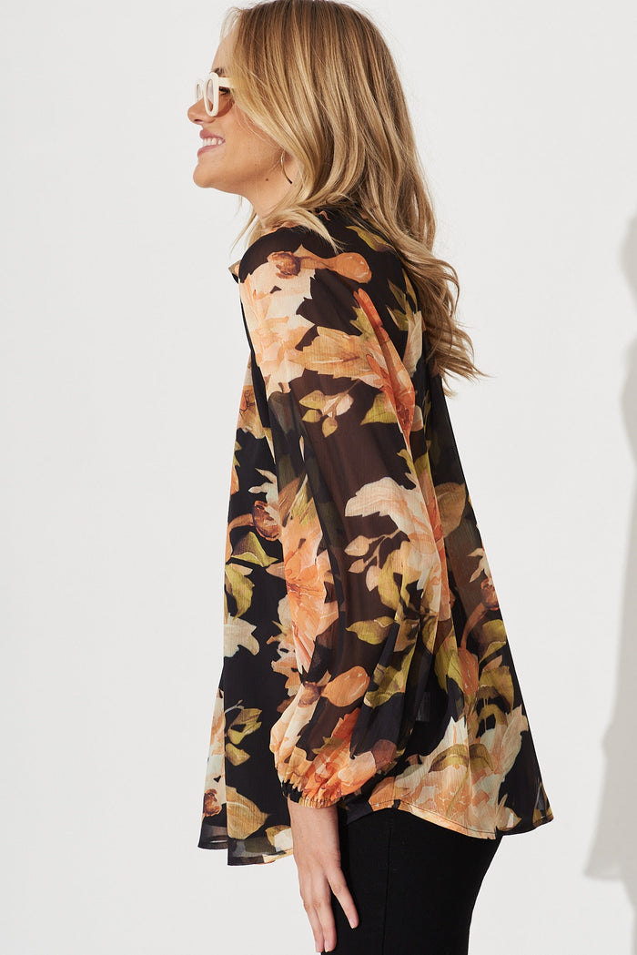 Athol Shirt In Black With Apricot Floral Chiffon - side