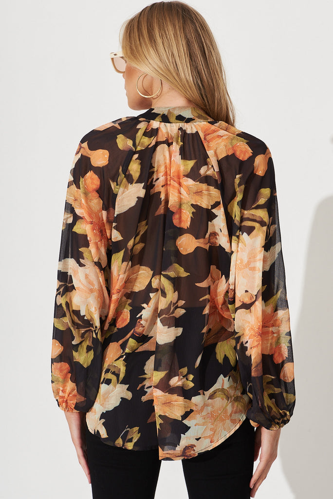 Athol Shirt In Black With Apricot Floral Chiffon - back