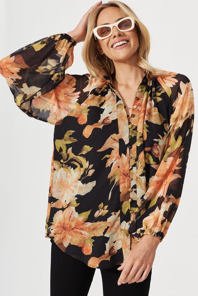 Athol Shirt In Black With Apricot Floral Chiffon - front