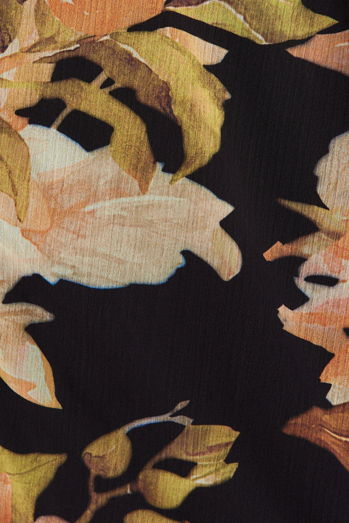 Athol Shirt In Black With Apricot Floral Chiffon - fabric