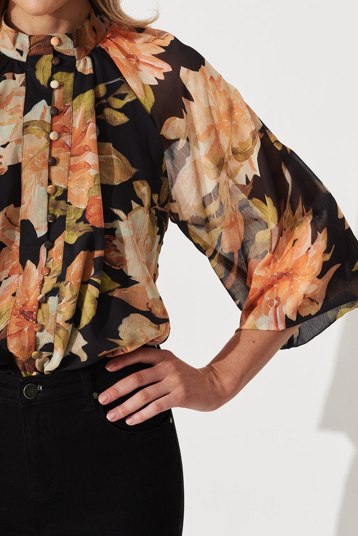 Athol Shirt In Black With Apricot Floral Chiffon - detail