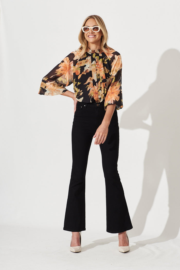 Athol Shirt In Black With Apricot Floral Chiffon - full length