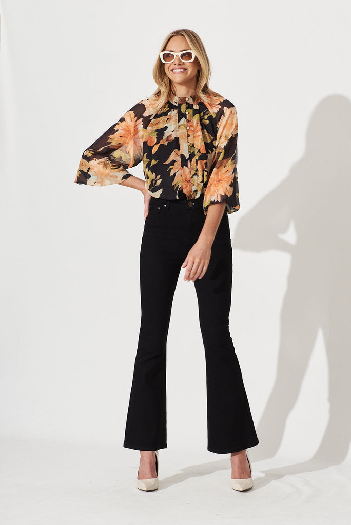 Athol Shirt In Black With Apricot Floral Chiffon - full length