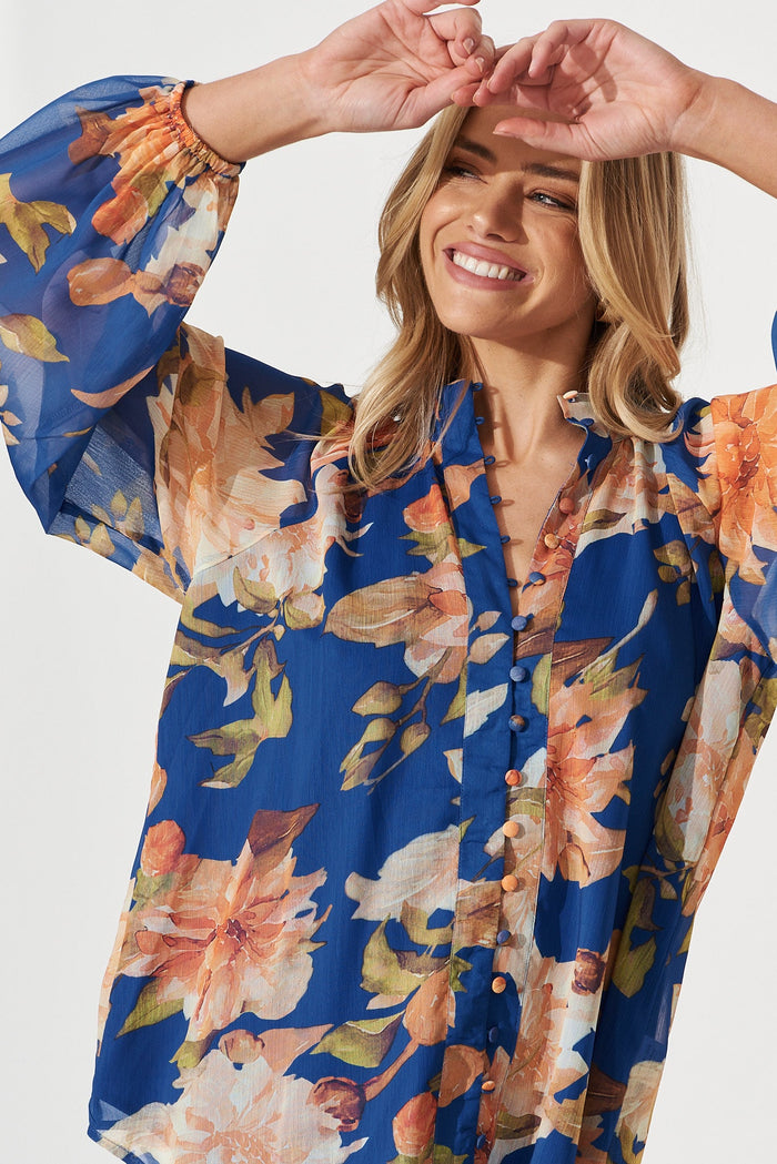 Athol Shirt In Cobalt Blue With Apricot Floral Chiffon - detail
