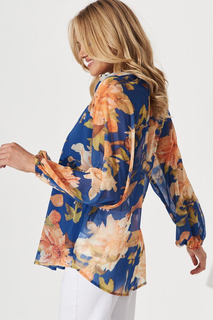 Athol Shirt In Cobalt Blue With Apricot Floral Chiffon - side
