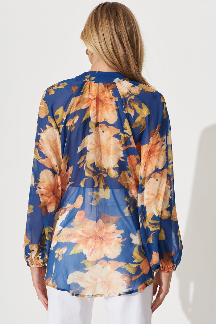 Athol Shirt In Cobalt Blue With Apricot Floral Chiffon - back
