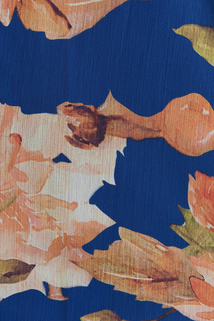 Athol Shirt In Cobalt Blue With Apricot Floral Chiffon - fabric