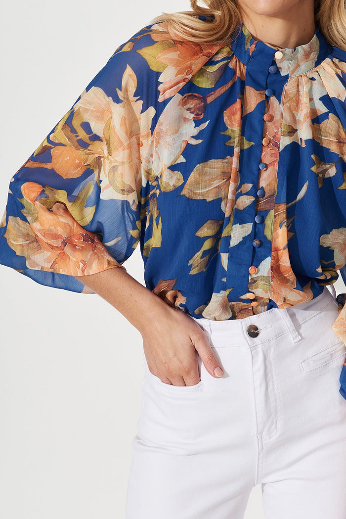 Athol Shirt In Cobalt Blue With Apricot Floral Chiffon - detail
