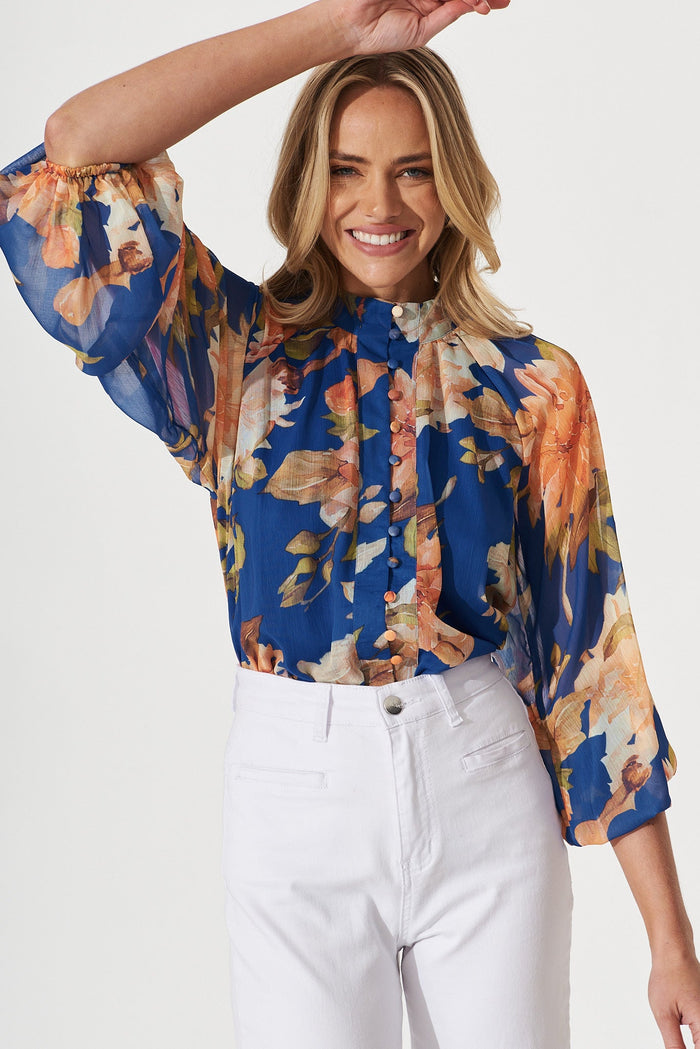 Athol Shirt In Cobalt Blue With Apricot Floral Chiffon - front