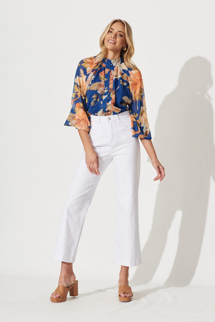 Athol Shirt In Cobalt Blue With Apricot Floral Chiffon - full length