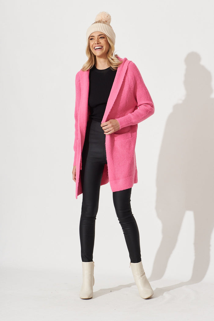 Minami Hood Cardigan In Fuschia Wool Blend - full length