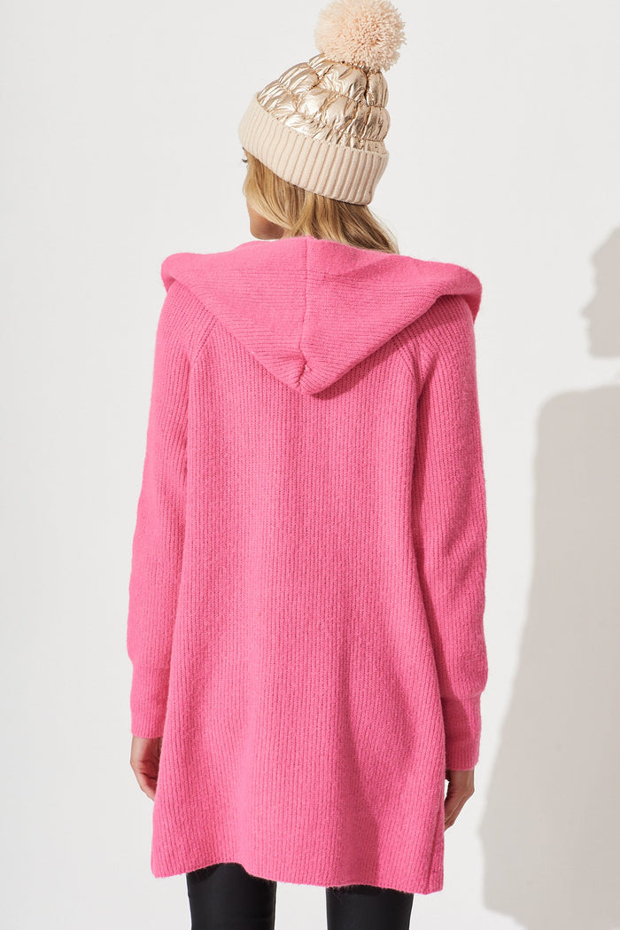 Minami Hood Cardigan In Fuschia Wool Blend - back
