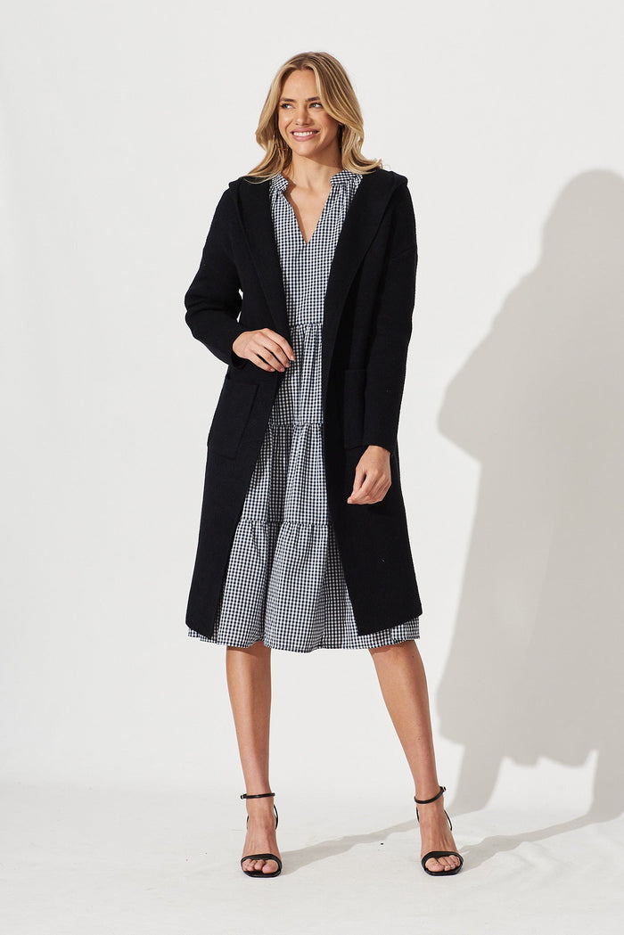 Windermere Hood Knit Cardigan In Black Wool Blend - full length