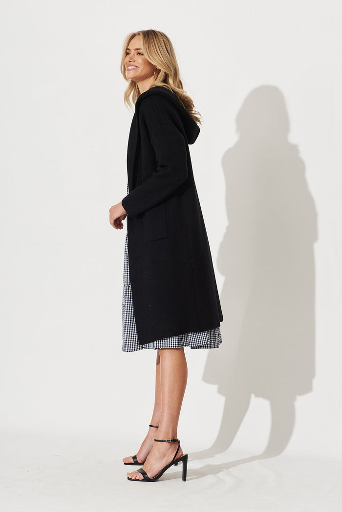 Windermere Hood Knit Cardigan In Black Wool Blend - side