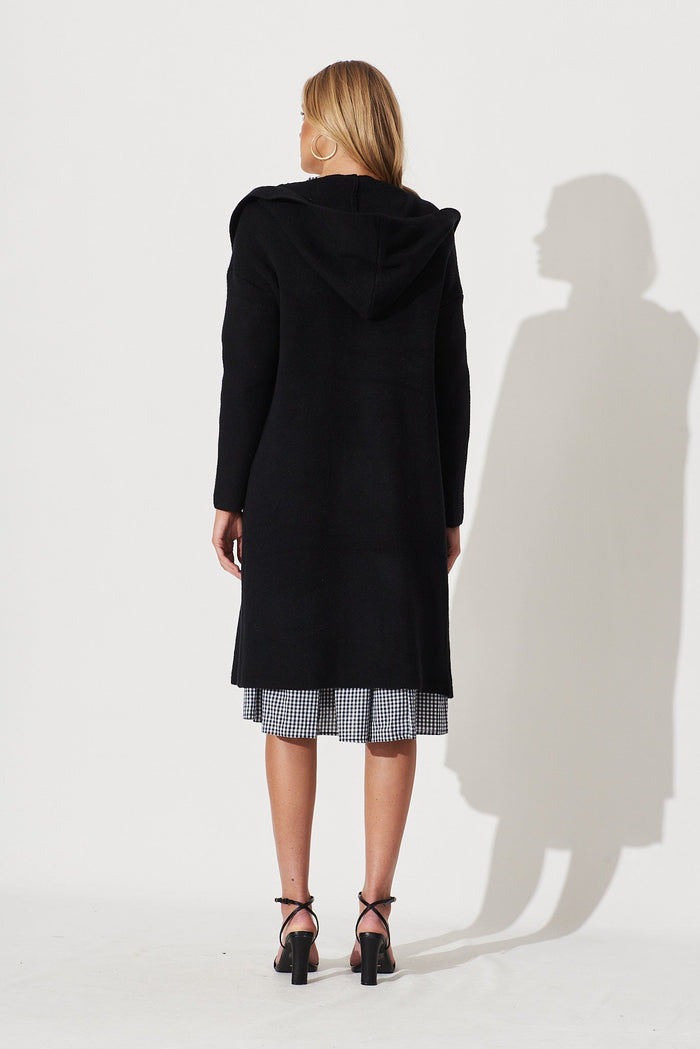 Windermere Hood Knit Cardigan In Black Wool Blend - back