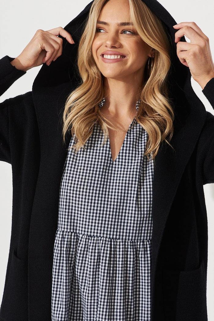 Windermere Hood Knit Cardigan In Black Wool Blend - detail