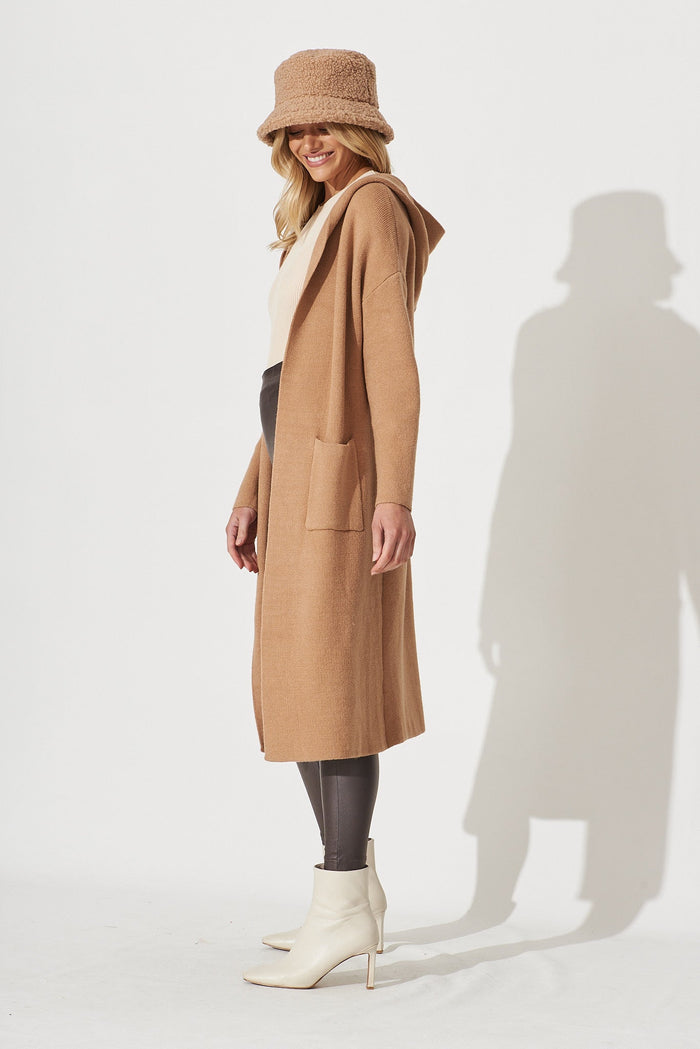 Windermere Hood Knit Cardigan In Tan Wool Blend - side