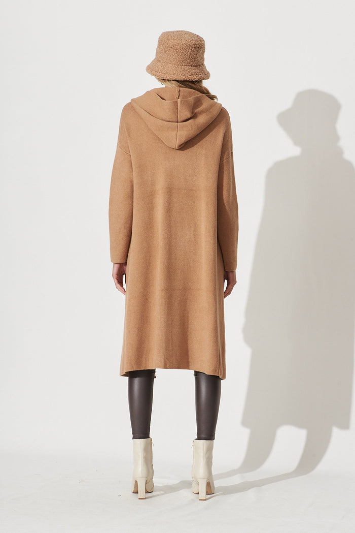 Windermere Hood Knit Cardigan In Tan Wool Blend - back