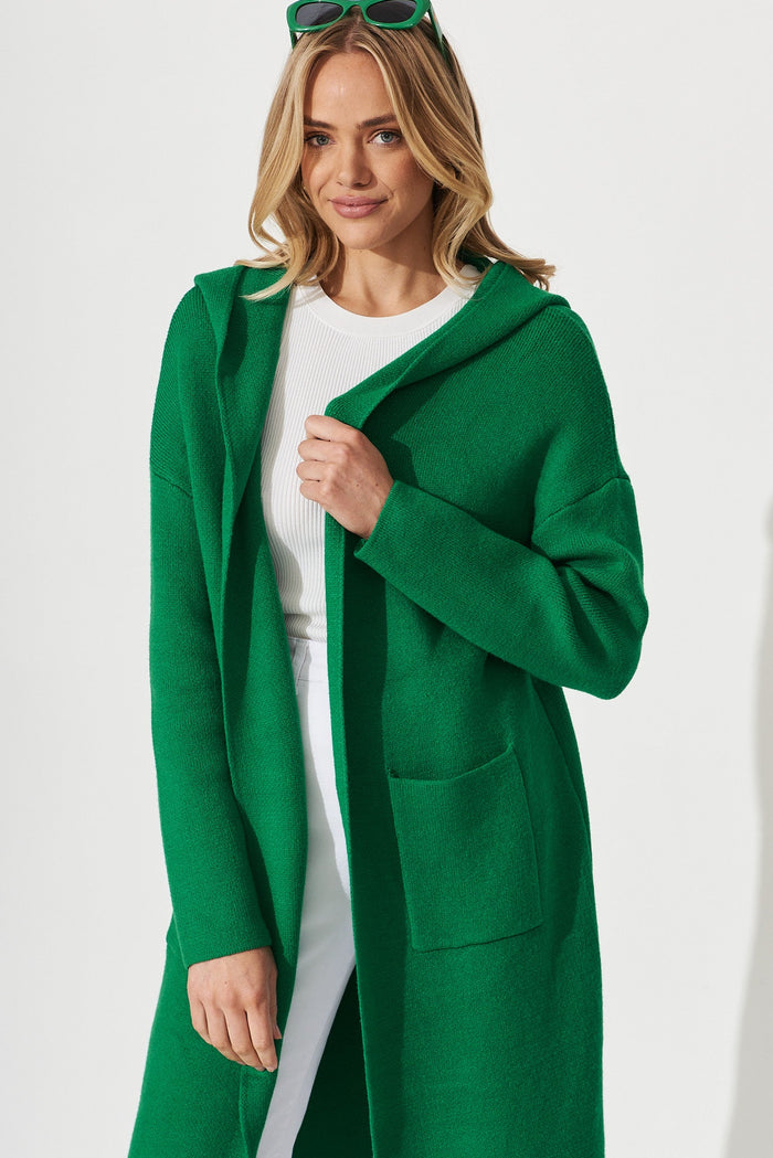 Windermere Hood Knit Cardigan In Green Wool Blend - front