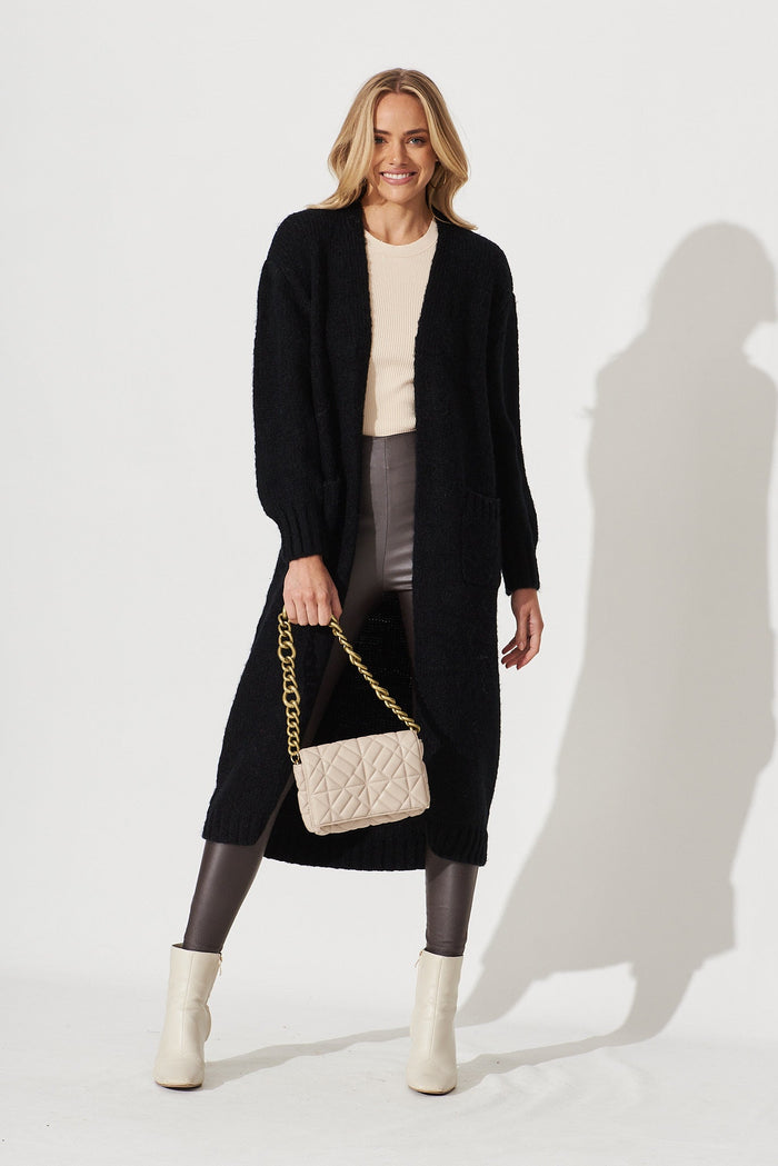 Minna Knit Cardigan In Black Wool Blend - full length