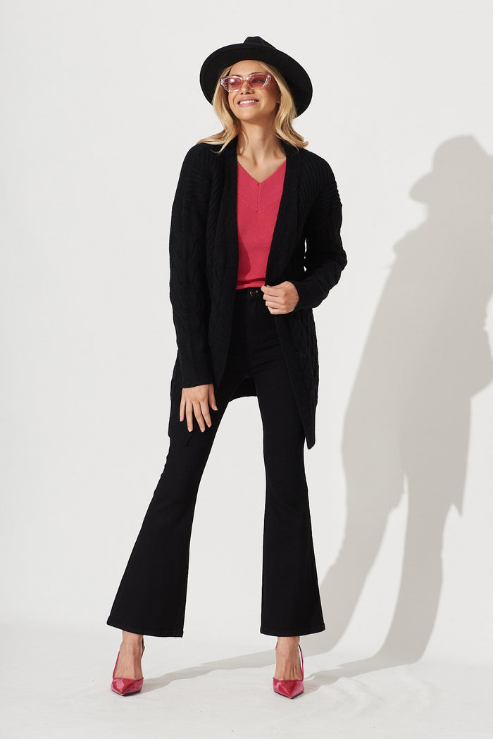 Moreton Knit Cardigan In Black Wool Blend - full length