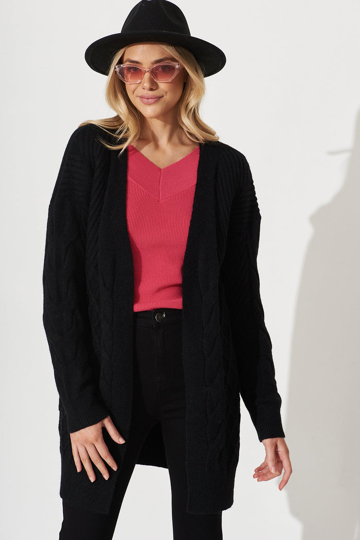 Moreton Knit Cardigan In Black Wool Blend - front