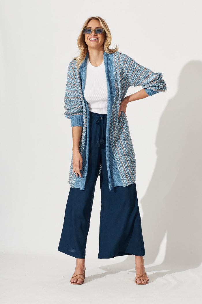 Janelle Knit Cardigan In Blue With Multi Stripe Wool Blend - full length