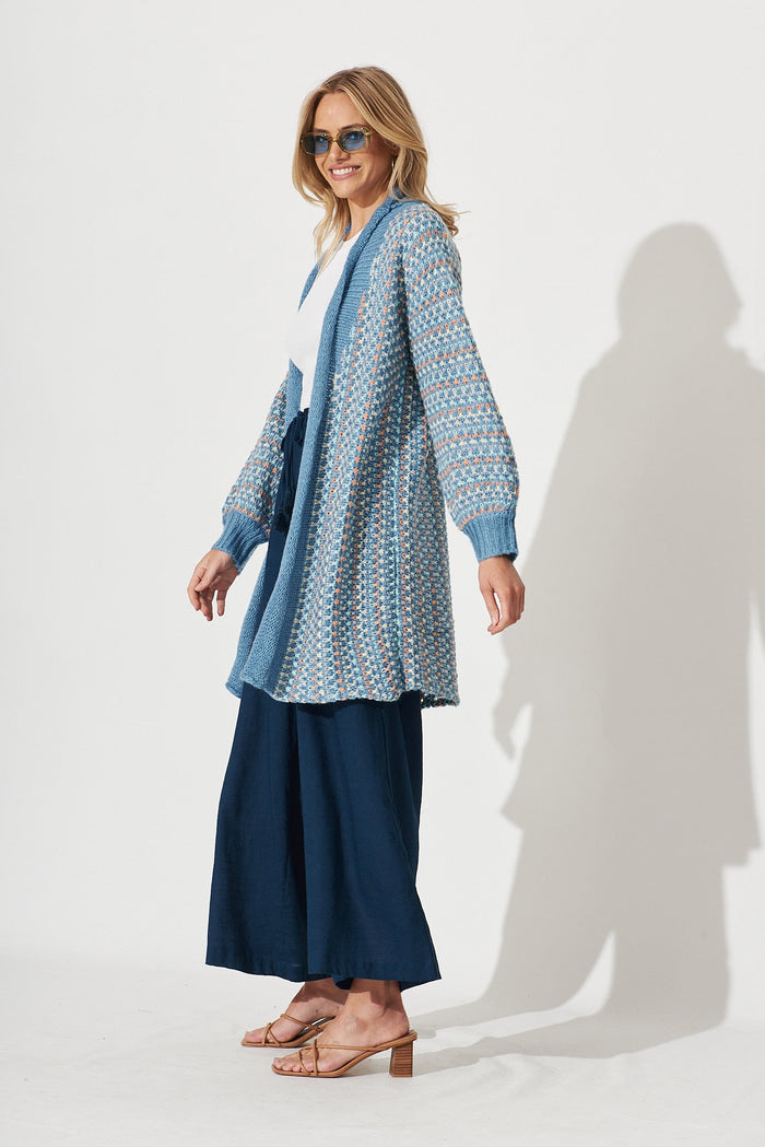 Janelle Knit Cardigan In Blue With Multi Stripe Wool Blend - side