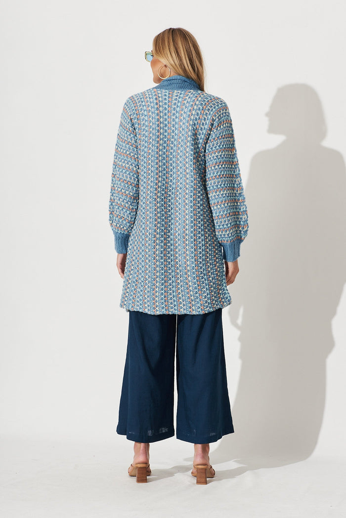 Janelle Knit Cardigan In Blue With Multi Stripe Wool Blend - back