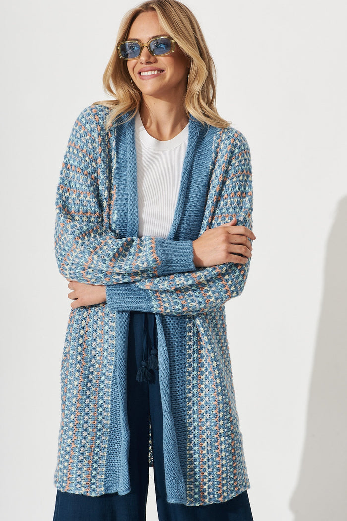 Janelle Knit Cardigan In Blue With Multi Stripe Wool Blend - front