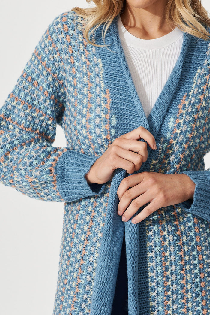Janelle Knit Cardigan In Blue With Multi Stripe Wool Blend - detail
