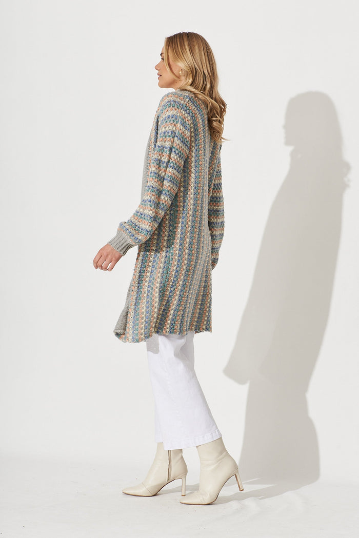 Janelle Knit Cardigan In Grey With Multi Stripe Wool Blend - side