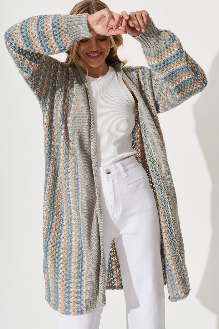 Janelle Knit Cardigan In Grey With Multi Stripe Wool Blend - front