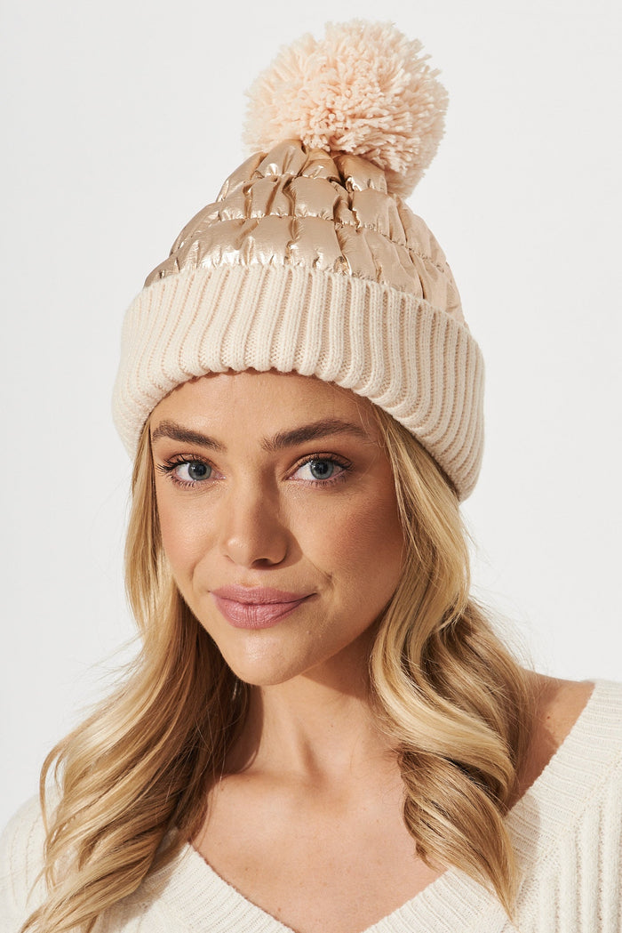 August + Delilah Manon Knit Beanie In Gold - front