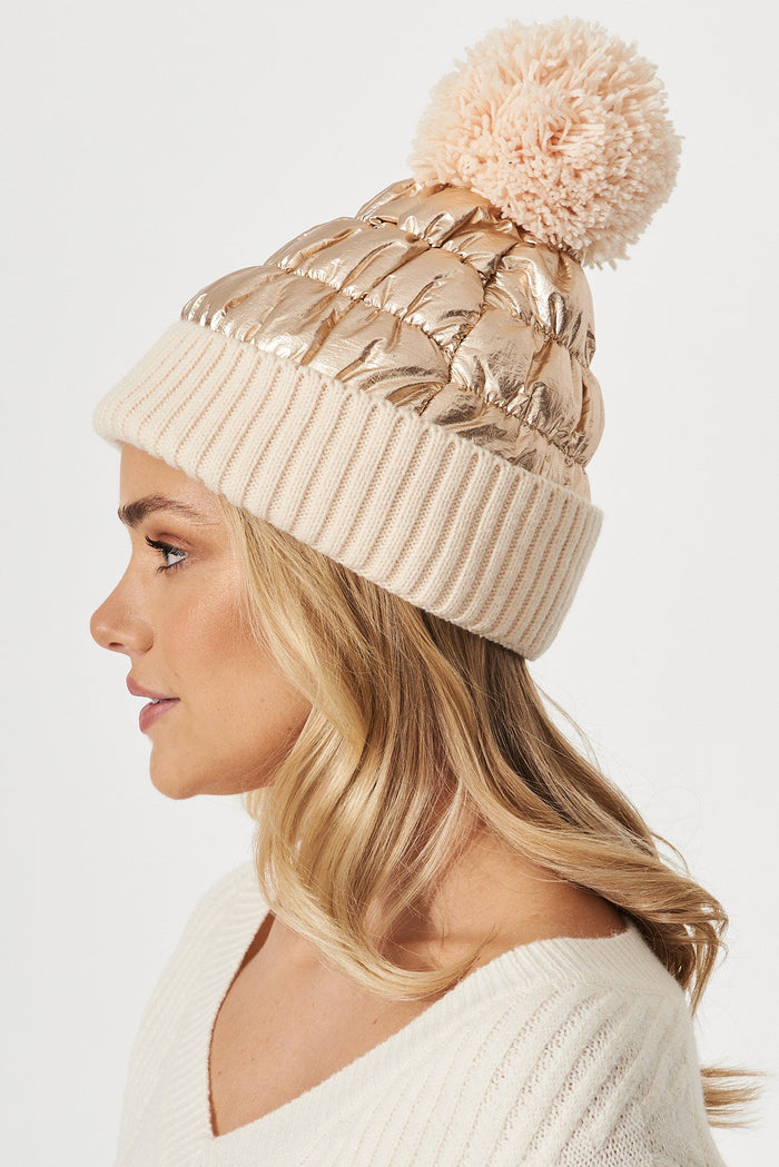 August + Delilah Manon Knit Beanie In Gold - side