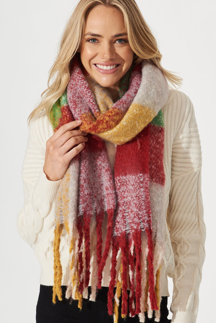 August + Delilah Brooklyn Oversized Knit Scarf In Red And Green Check - St Frock (Dev)