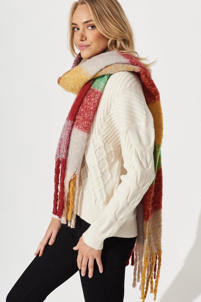 August + Delilah Brooklyn Oversized Knit Scarf In Red And Green Check - St Frock (Dev)