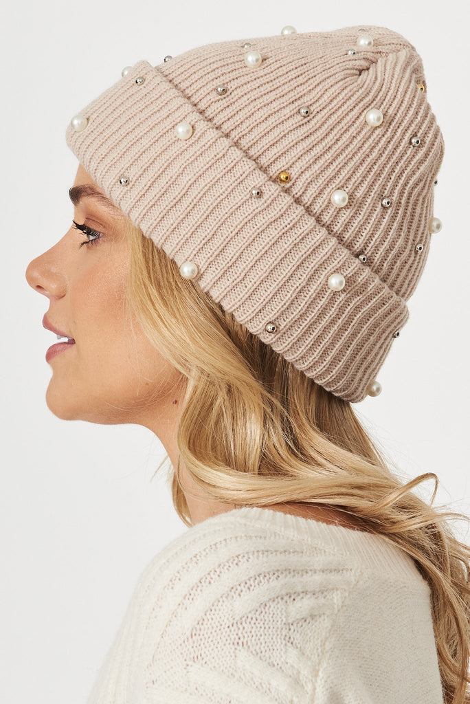 August + Delilah Normandy Knit Beanie In Beige With Faux Gems - side