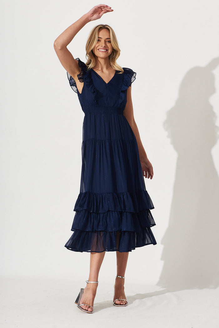 Barbados Midi Dress In Navy Lurex - full length