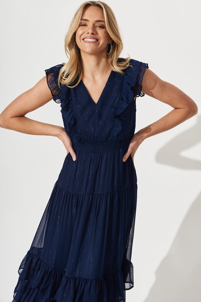 Barbados Midi Dress In Navy Lurex - front