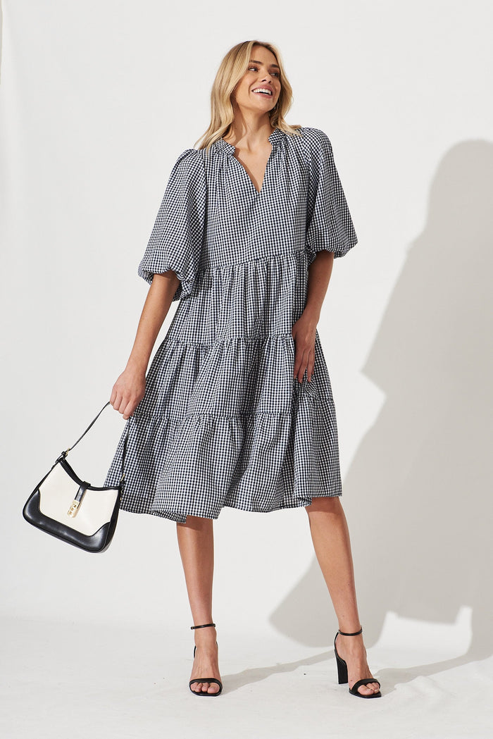 Kehlana Tiered Dress In Navy And White Gingham Cotton - full length