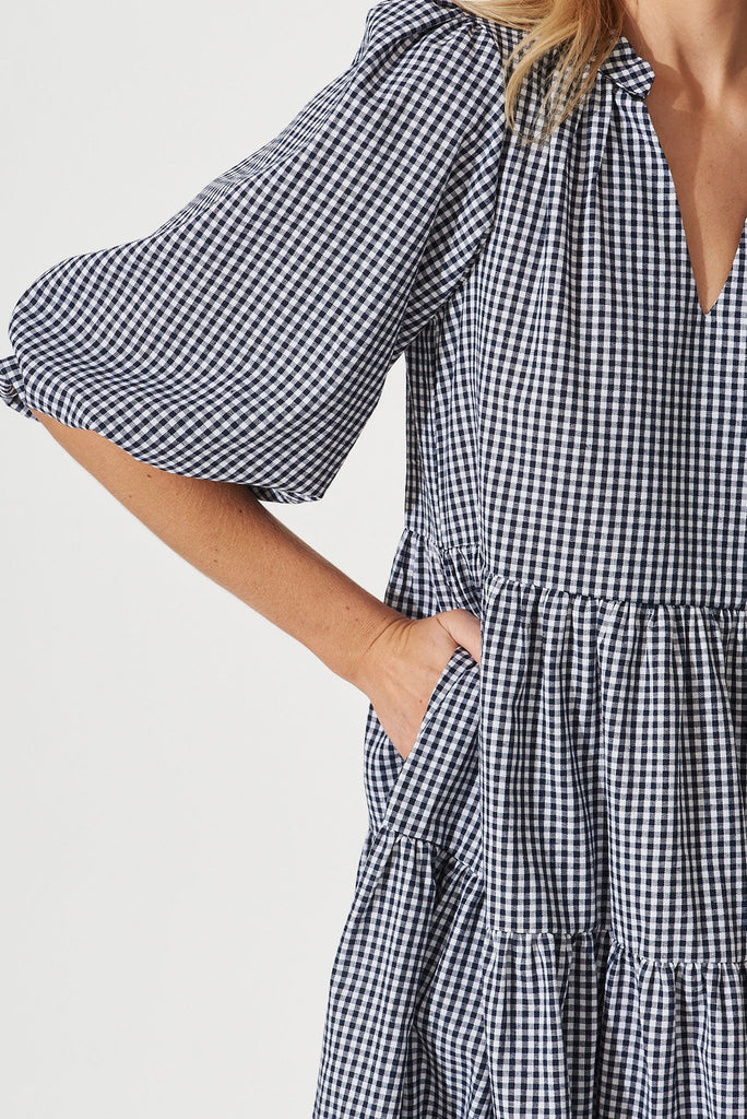 Kehlana Tiered Dress In Navy And White Gingham Cotton - detail