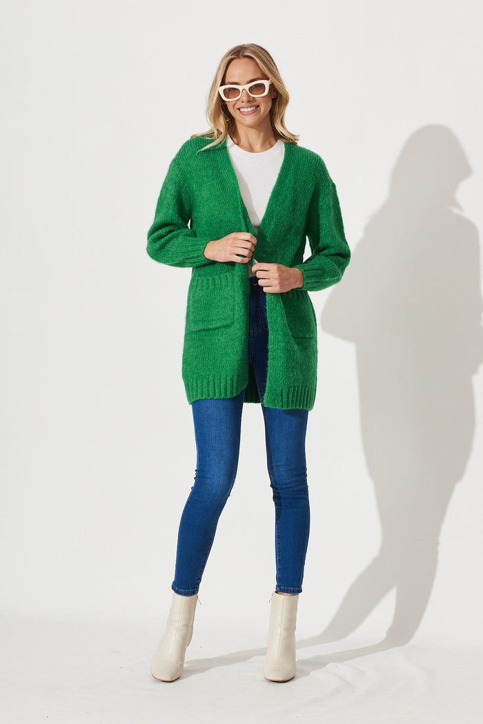 Hiroka Knit Cardigan In Green Wool Blend - full length