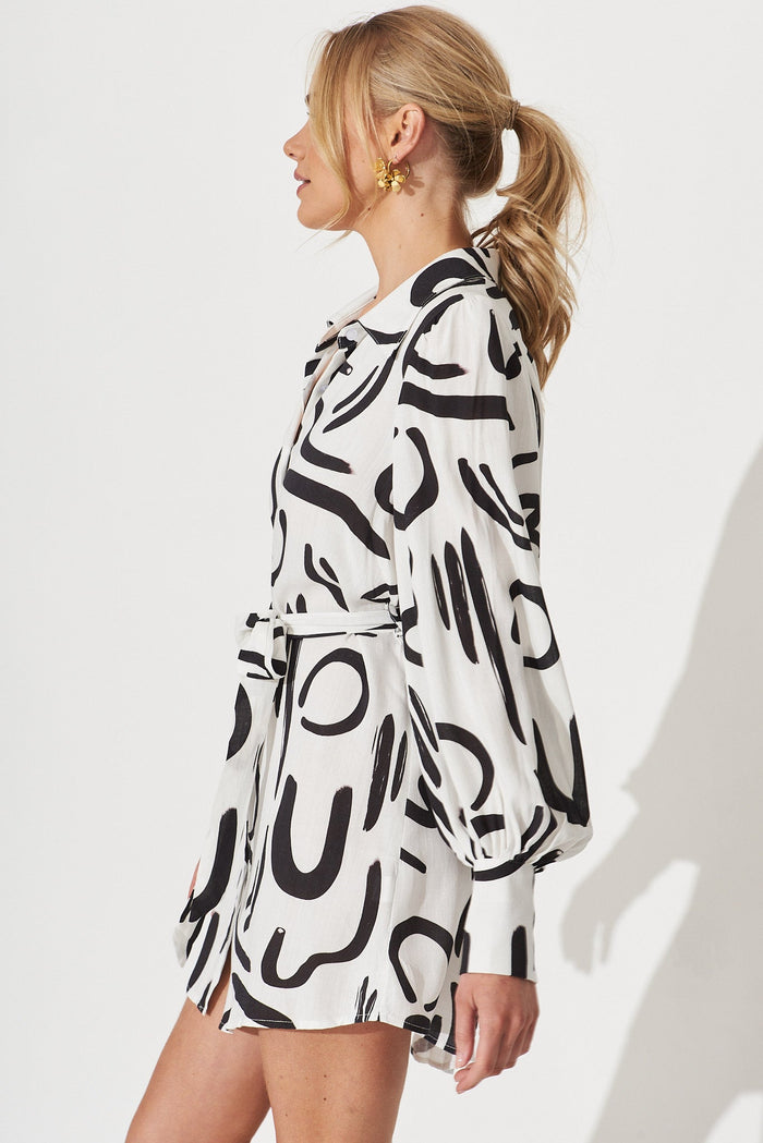 Bonaire Shirt Dress In White With Black Print Linen Blend - side