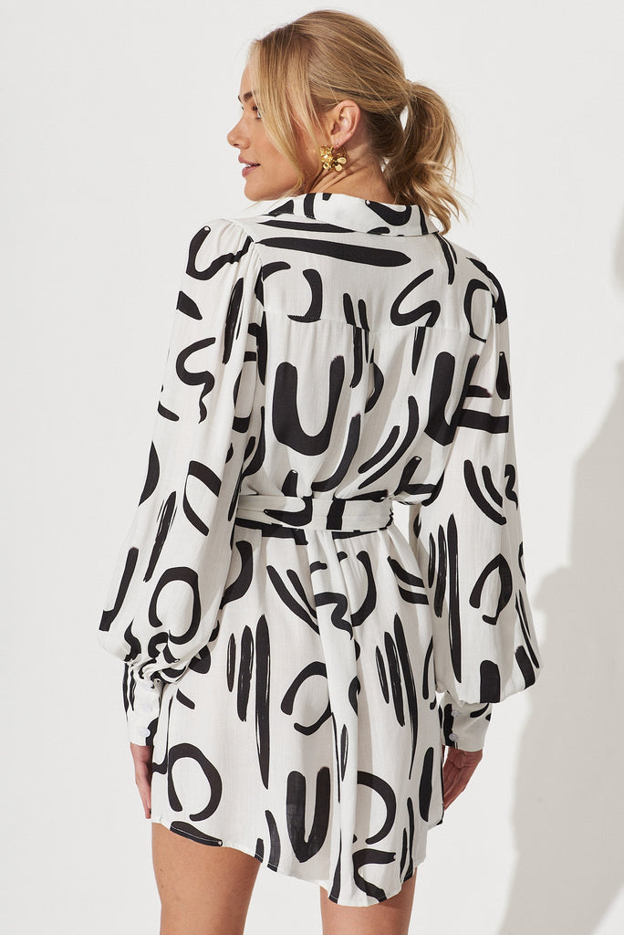 Bonaire Shirt Dress In White With Black Print Linen Blend - back
