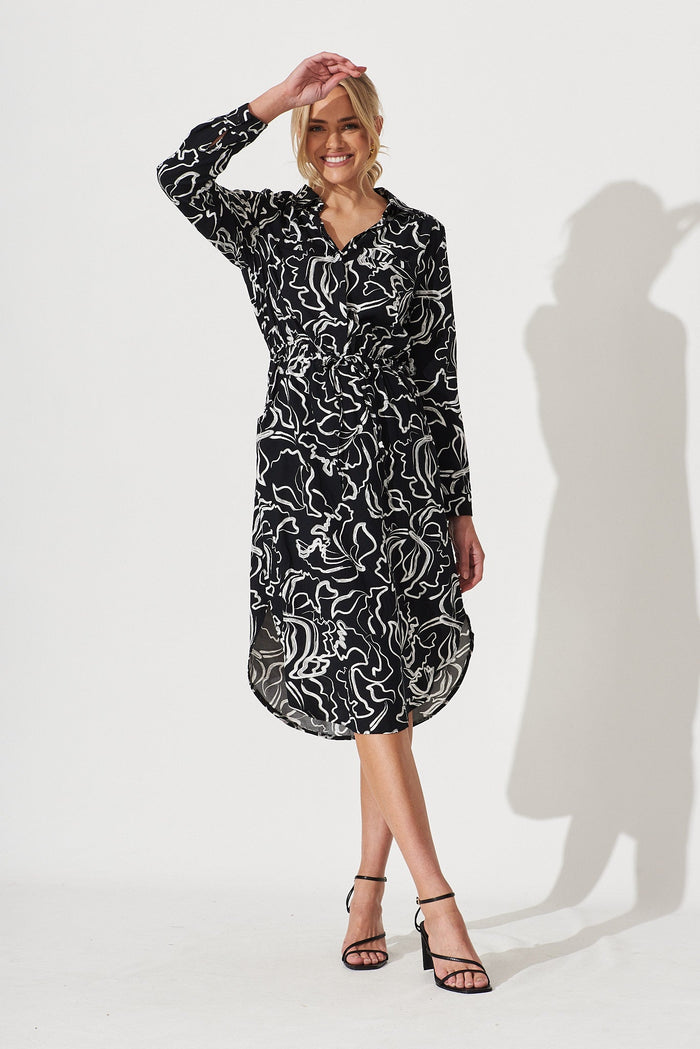 Samana Midi Dress In Black With White Swirl Print - full length