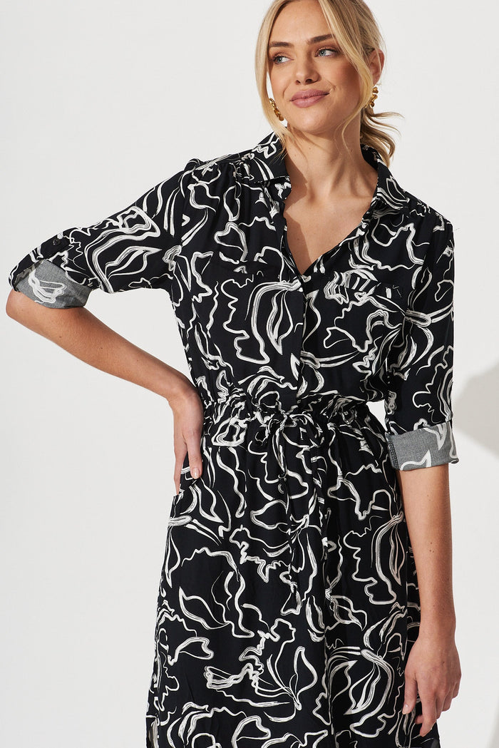 Samana Midi Dress In Black With White Swirl Print - front