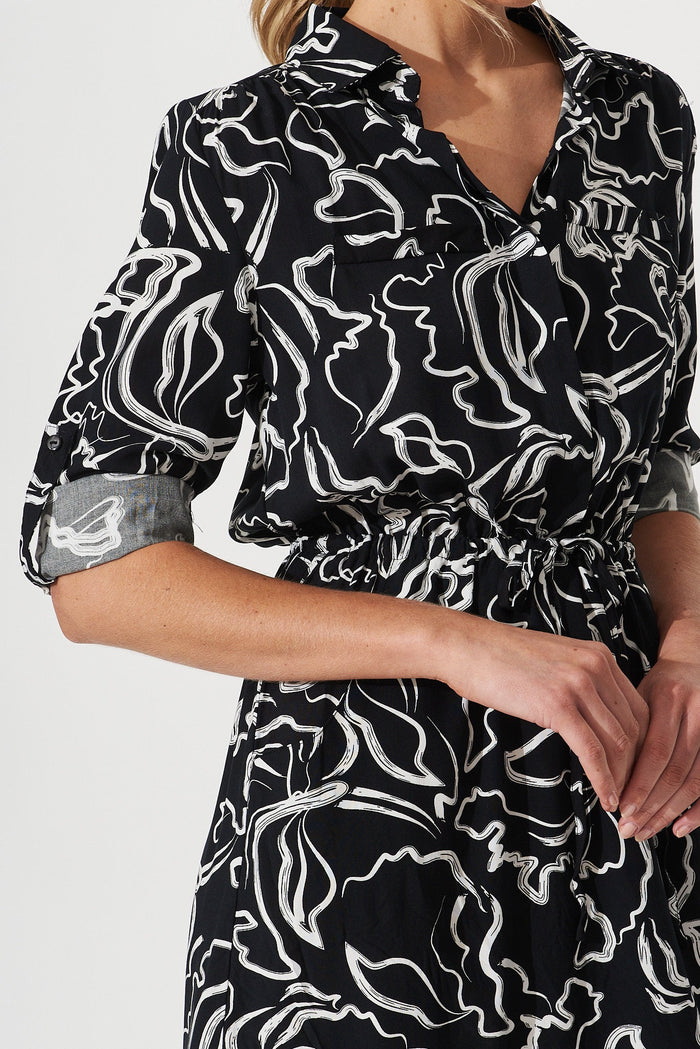Samana Midi Dress In Black With White Swirl Print - detail